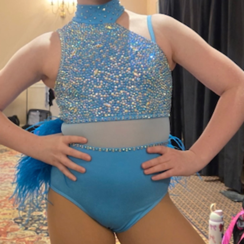 Jazz/Musical Theater Turquoise Med. Child Dance Costume With Feather On Back.